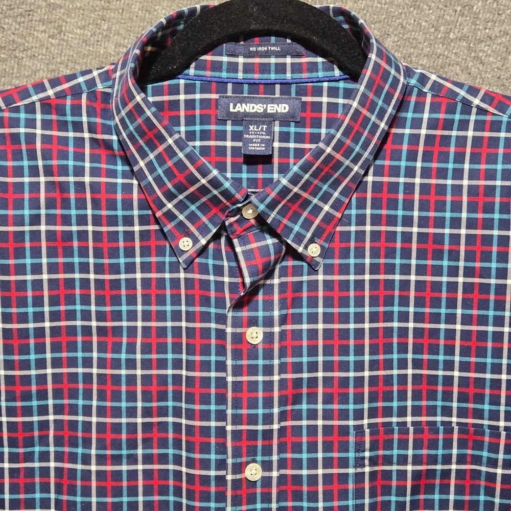 Lands' End Men's XLT Tall 17 - 17.5 Traditional Fit Muticolor Plaid Button Down
